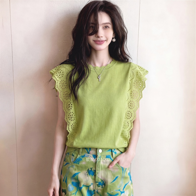 2026 Summer New Style Lazy Style Green Hollow Lace Sleeveless Top for Women Loose and High-End Plus Size Top 2026 Summer New Style Lazy Style Green Hollow Lace Sleeveless Top for Women Loose and High-End Plus Size Top