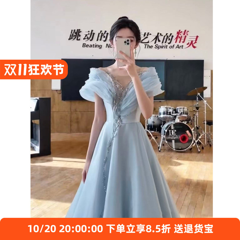 Blue Vocal Performance Evening Gown, High-End Luxury Host Costume for Music Students' Solo Performance, Exam, Stage Competition, and Performance Attire Blue Vocal Performance Evening Gown, High-End Luxury Host Costume for Music Students' Solo Performance, Exam, Stage Competition, and Performance Attire