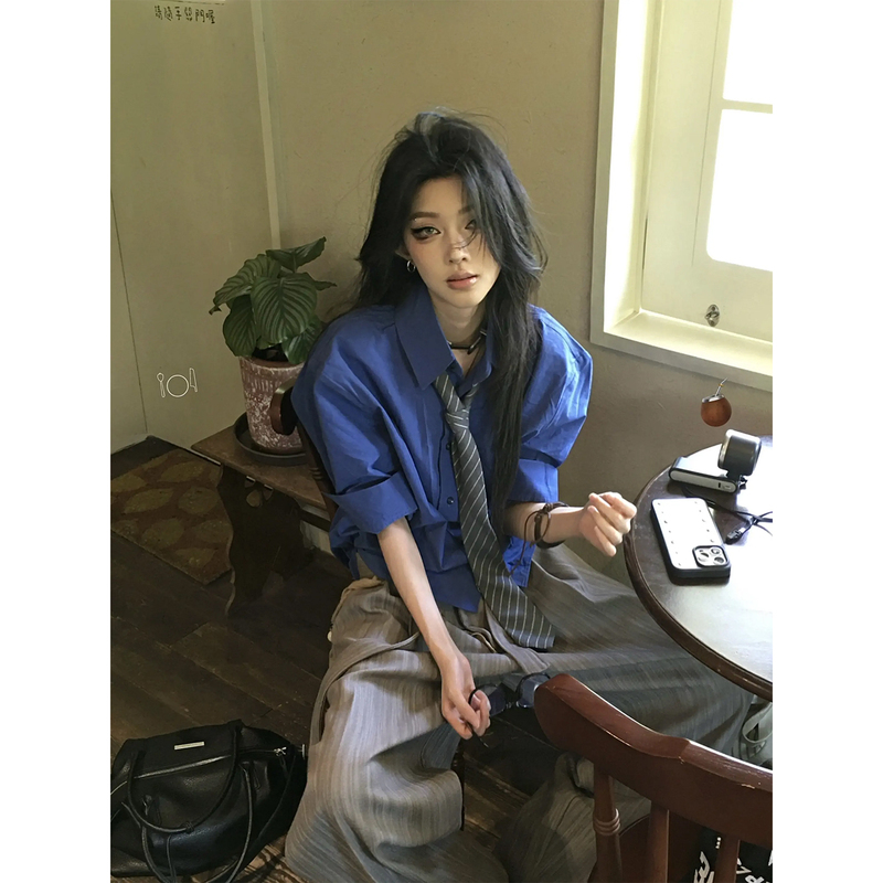 Klein Blue Early Autumn Outfit, Atmospheric Blue Long-Sleeved Shirt for Men, High-End Preppy Style, Loose American-Style Top
