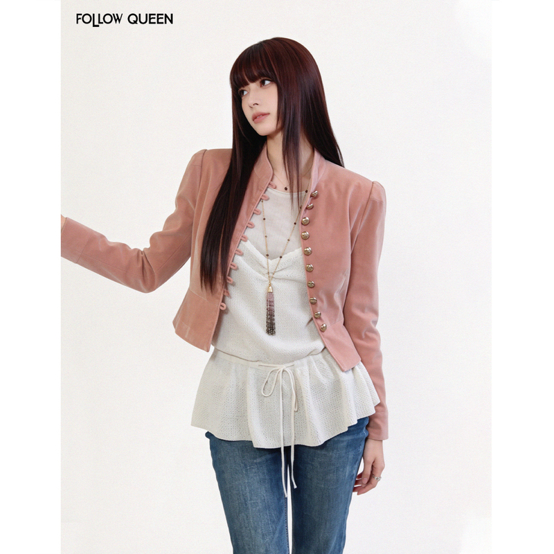Followqueen Retro Royal Velvet Stand Collar Metal Button Waist-Cinching Jacket for Women, Autumn Elegant Slim-Fit Top