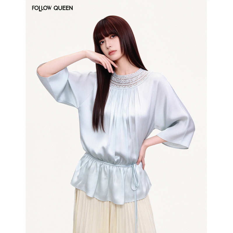 Followqueen French-Style Glossy Lace Patchwork Waist-Cinching Three-Quarter Sleeve Blouse for Women, Autumn Elegant and Stunning Top