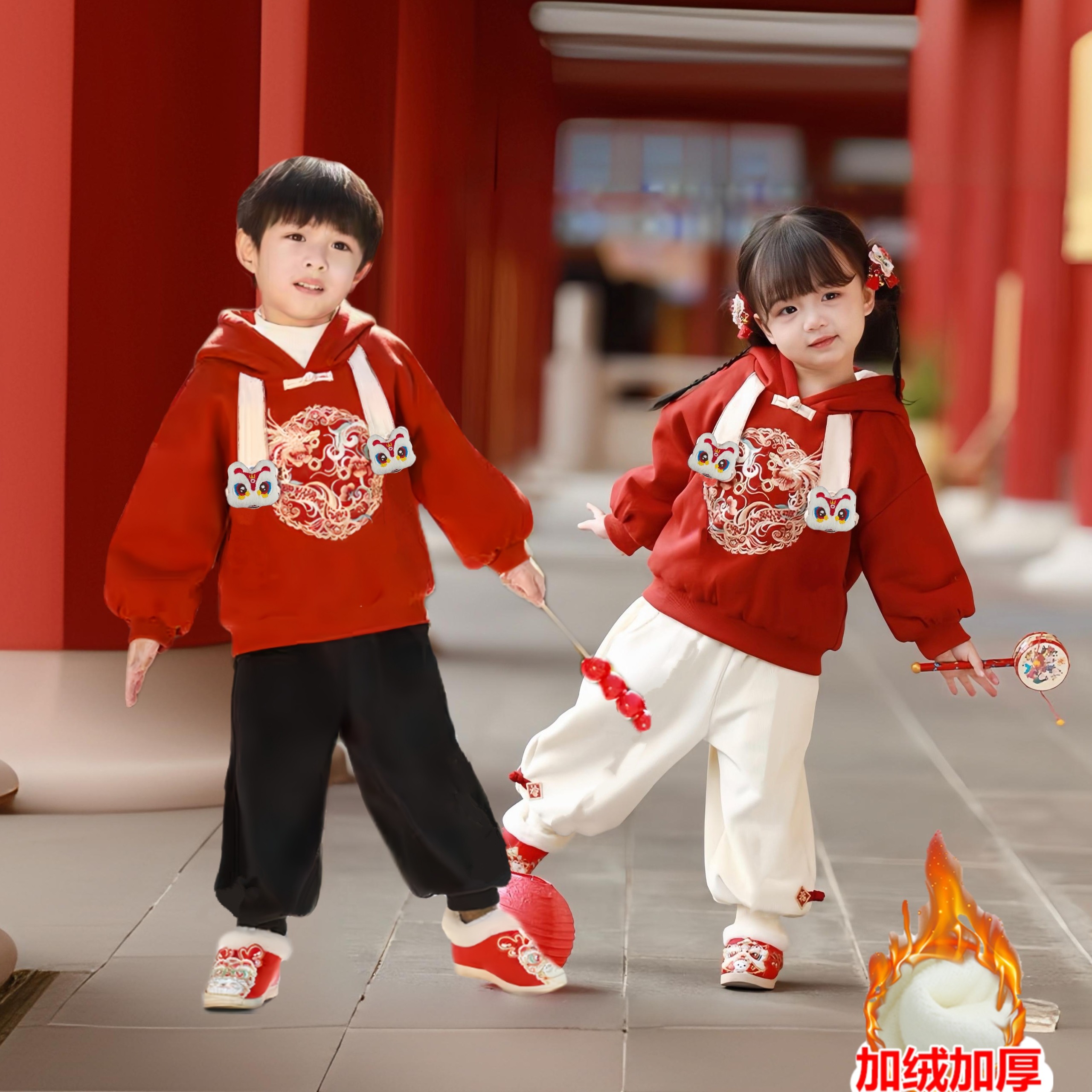 Зимняя одежда для мальчиков в стиле Ханфу, детский костюм в китайском стиле плюс бархатный свитер, для маленьких девочек, повседневный костюм в стиле Тан в национальном стиле, новогодняя одежда