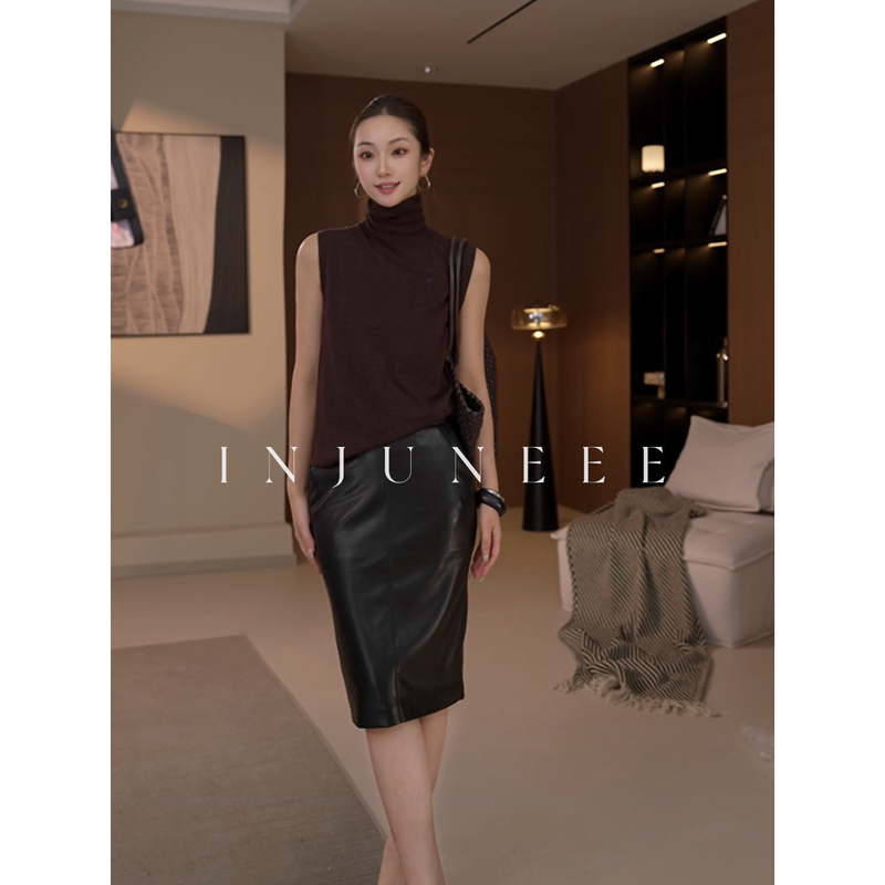 Liu Jiujiu Injuneee Black Queen Black Leather Skirt Women's Autumn and Winter Back Slit Bodycon Skirt Straight Skirt