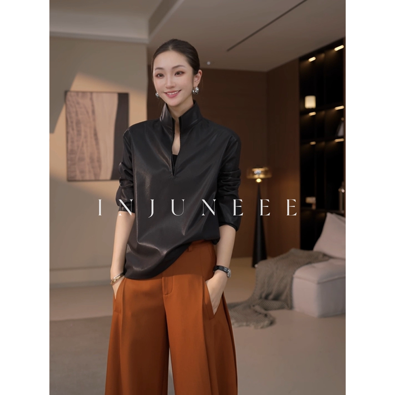 Liu Jiujiu Injuneee Silin Yingzi Black Long-Sleeved Shirt for Women, Autumn High-End Niche Unique Design Top