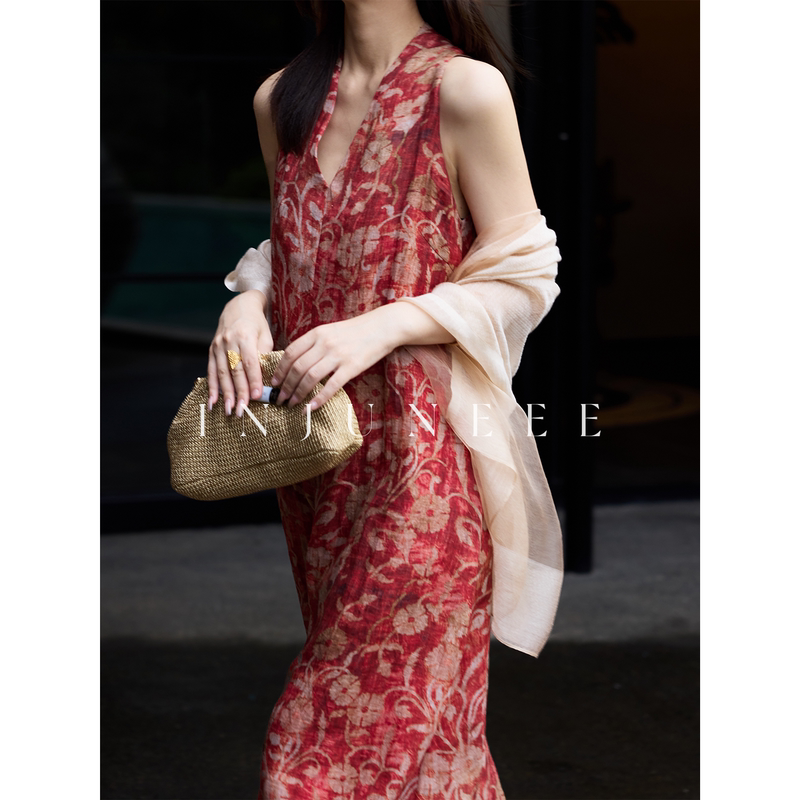 Liu Jiujiu Injuneee Sunset Melting Gold 100% Ramie Printed Dress Women's Summer Vintage Sleeveless Tank Dress Liu Jiujiu Injuneee Sunset Melting Gold 100% Ramie Printed Dress Women's Summer Vintage Sleeveless Tank Dress