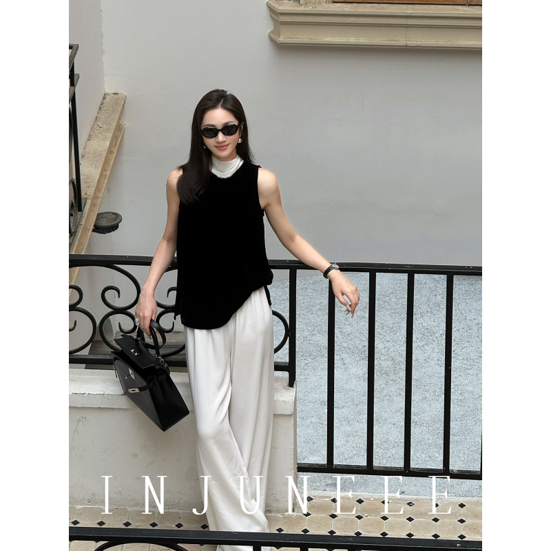 Liu Jiujiu Injuneee Hepburn Era Mulberry Silk Velvet Vest Women's Summer Black Ribbon Sleeveless Top