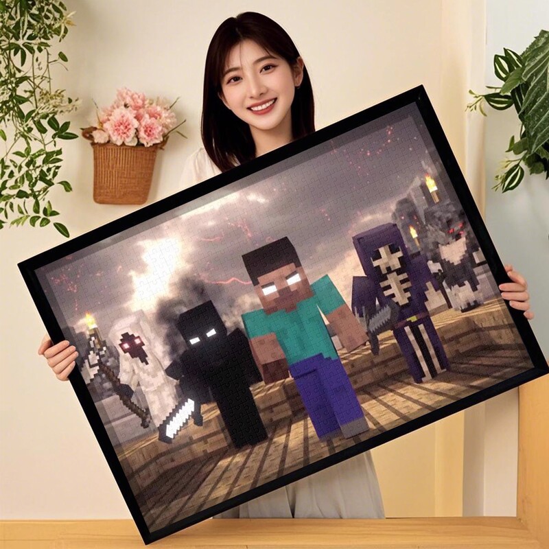 Minecraft-Themed Wooden Puzzles with Frames, 1000 Pieces, 500 Pieces, Children's Educational Building Block Toys and Decorations