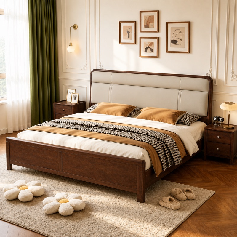 Walnut Solid Wood Bed 2.2m Large Bed 1.8m Master Bedroom Double Bed Wedding Bed Mortise and Tenon Bed 1.5m Guest Bedroom Storage Bed