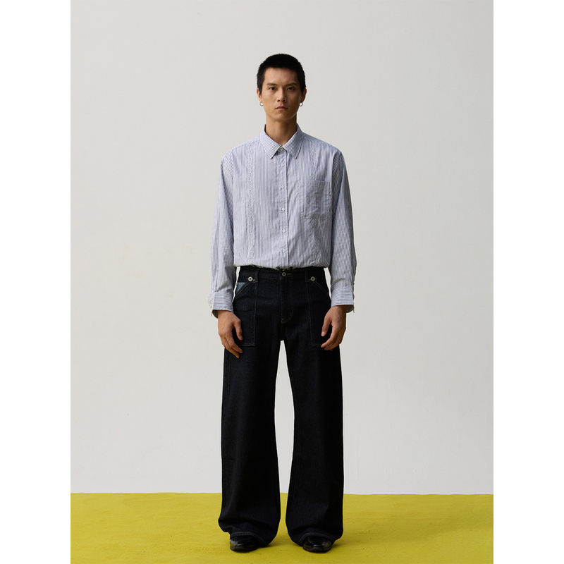 9Fo7 New Retro 50% Wool Lyocell Embroidered Shell Button Vertical Stripe Shirt Oversized Shirt