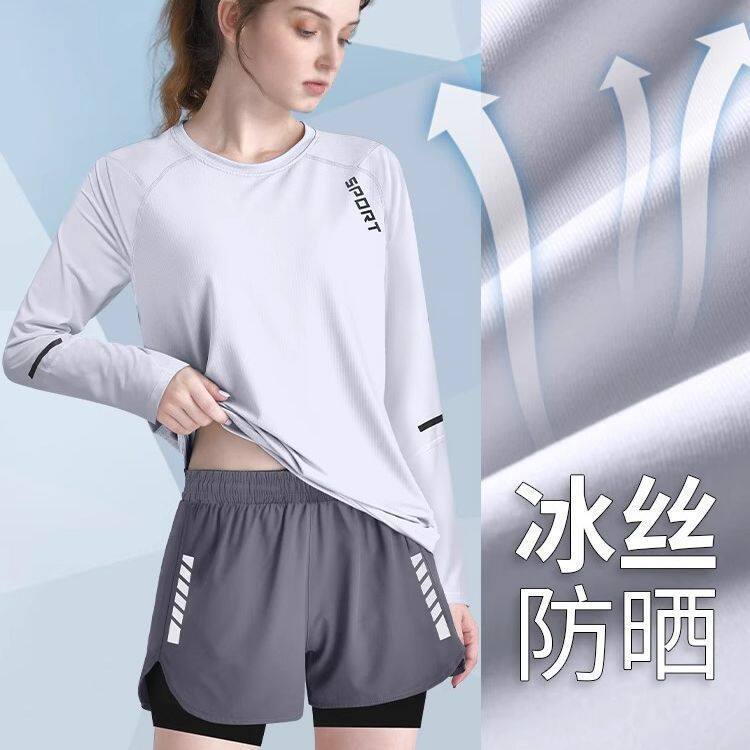 レディース アイスシルク 速乾性長袖Tシャツ、薄手、通気性、紫外線対策、スポーツトップス、アウトドア ランニング＆ハイキング 新スタイル