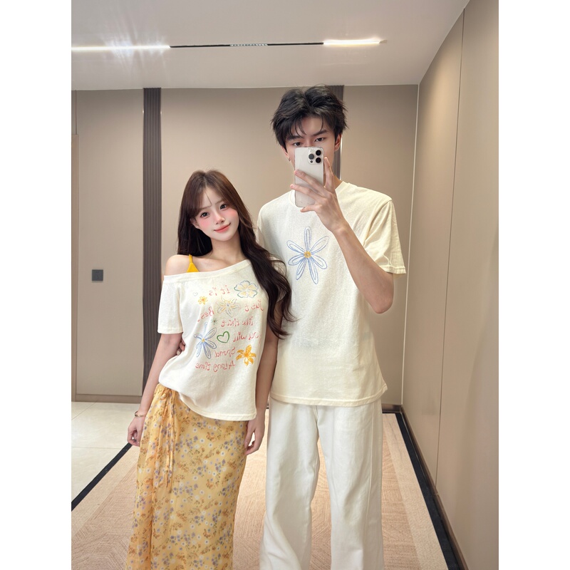 Kedomi Couple Outfit Set, One Top and One Skirt, Summer Off-Shoulder Floral Skirt, Women's Short-Sleeved T-Shirt