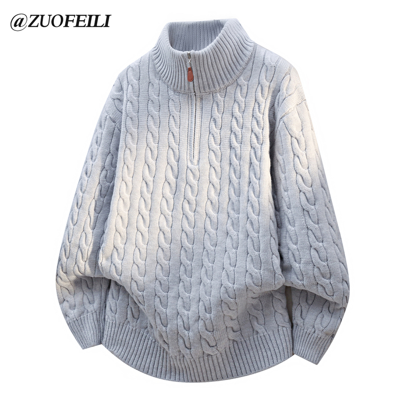 Men's Cable Knit Sweater, Autumn and Winter Solid Color Casual Half-Zip Knitwear Jacket, Thickened and Warm Top