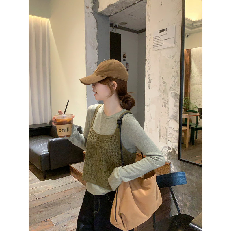 【C·Cai】Korean Style Hollow Knit Camisole + Solid Color Atmospheric Pullover 3630 # Layering Two Pieces