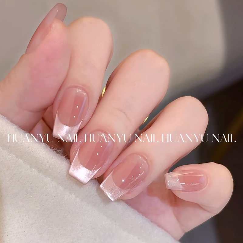 2026 New Handmade Wearable Nails, Popular Cat-Eye French Gradient Gradient Effect, Elegant and Complexion-Enhancing Nude Color Nail Patches
