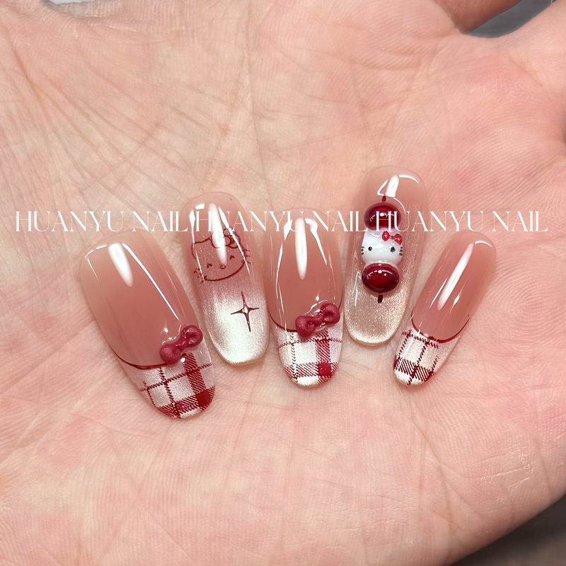 2026 New Handmade Wearable Nails, Popular Plaid Kt Cat Design for Autumn and Winter, Cute and Complexion-Enhancing Nail Stickers