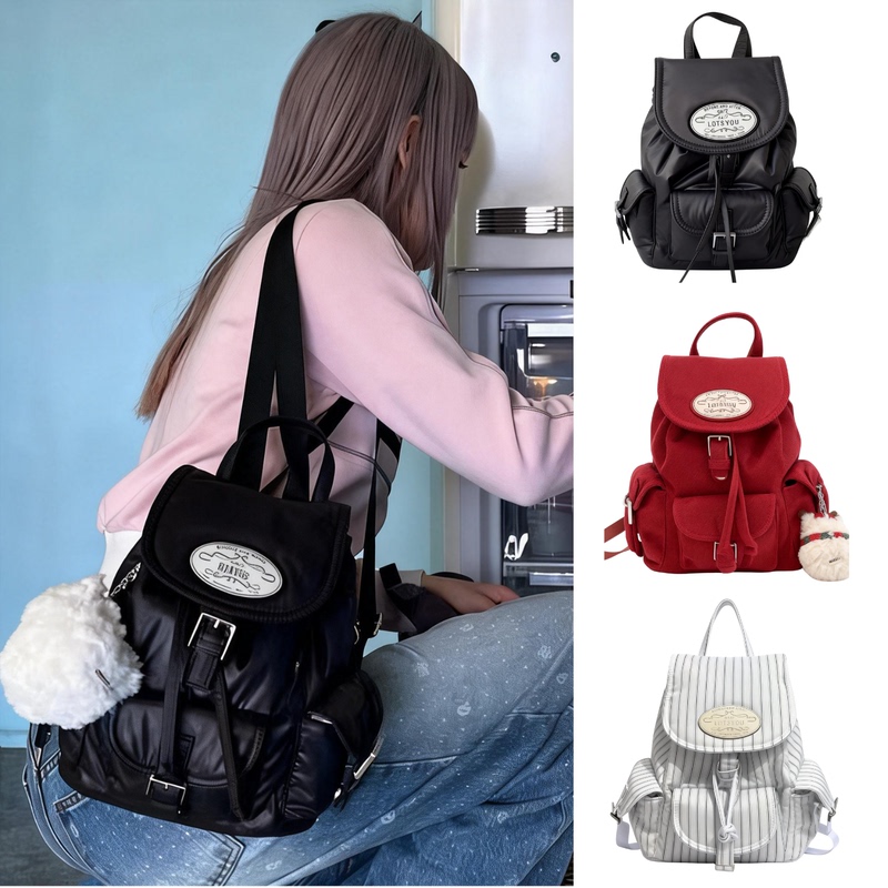 Lotsyou Women's Bag, Same Style as Jennie, Multi-Layer Backpack, Drawstring Magnetic Buckle Casual Backpack, School Bag