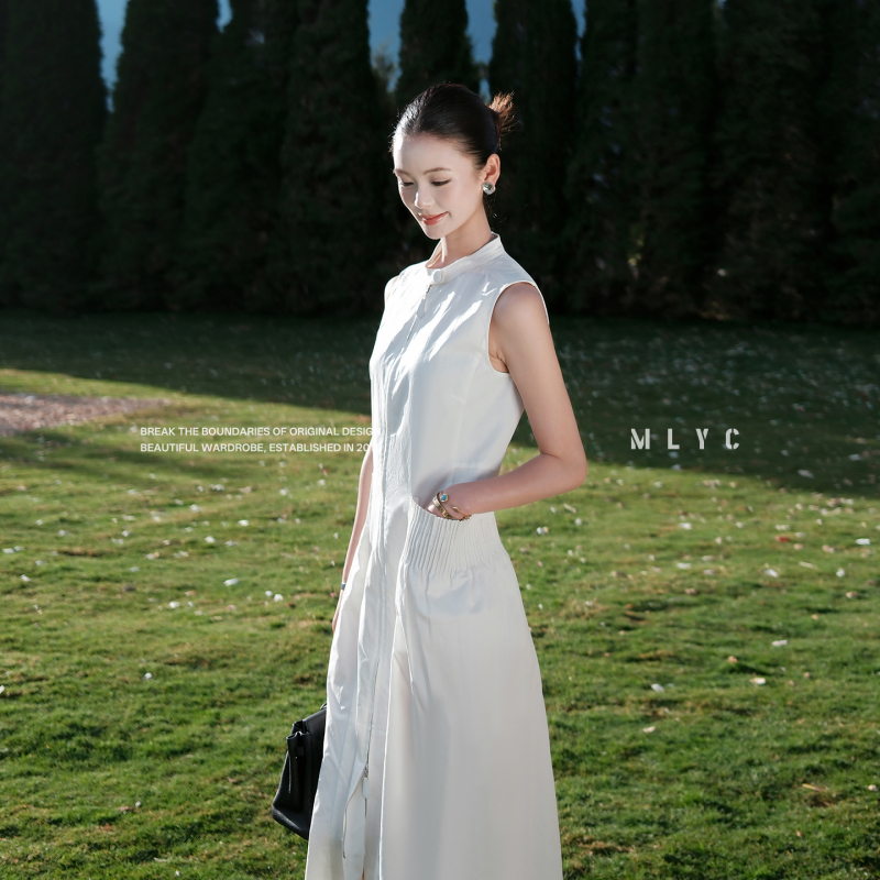 Puff·Beautiful Wardrobe【Film White Shadow】Minimalist French-Style Sleeveless Waist-Cinching Long Skirt Dress for Women Puff·Beautiful Wardrobe【Film White Shadow】Minimalist French-Style Sleeveless Waist-Cinching Long Skirt Dress for Women