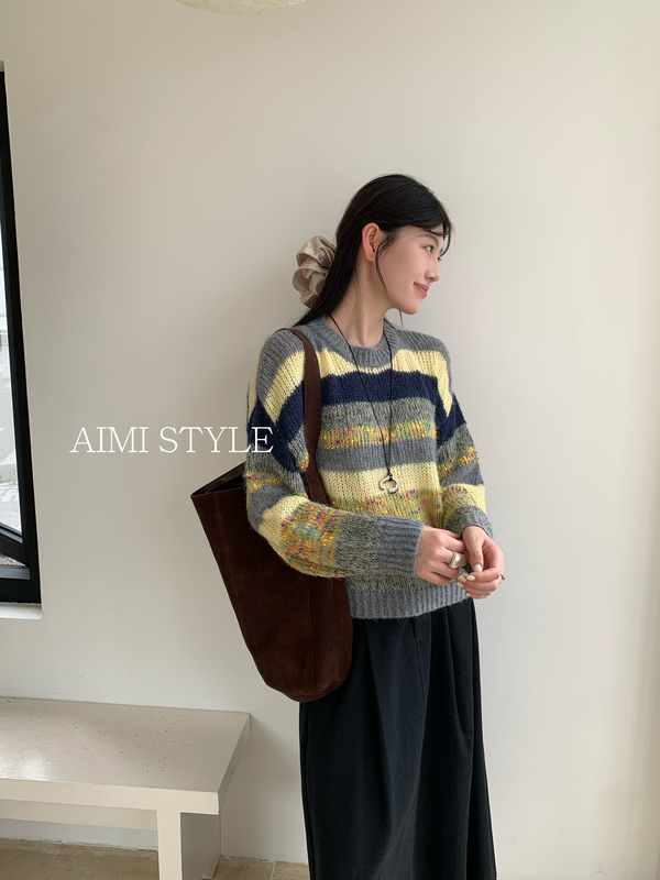 Original Korean-Style Colorful Patchwork Striped Knit Sweater for Women, Lazy Style, Vintage Heavy-Duty Floral Yarn Pullover Sweater for Women Original Korean-Style Colorful Patchwork Striped Knit Sweater for Women, Lazy Style, Vintage Heavy-Duty Floral Yarn Pullover Sweater for Women