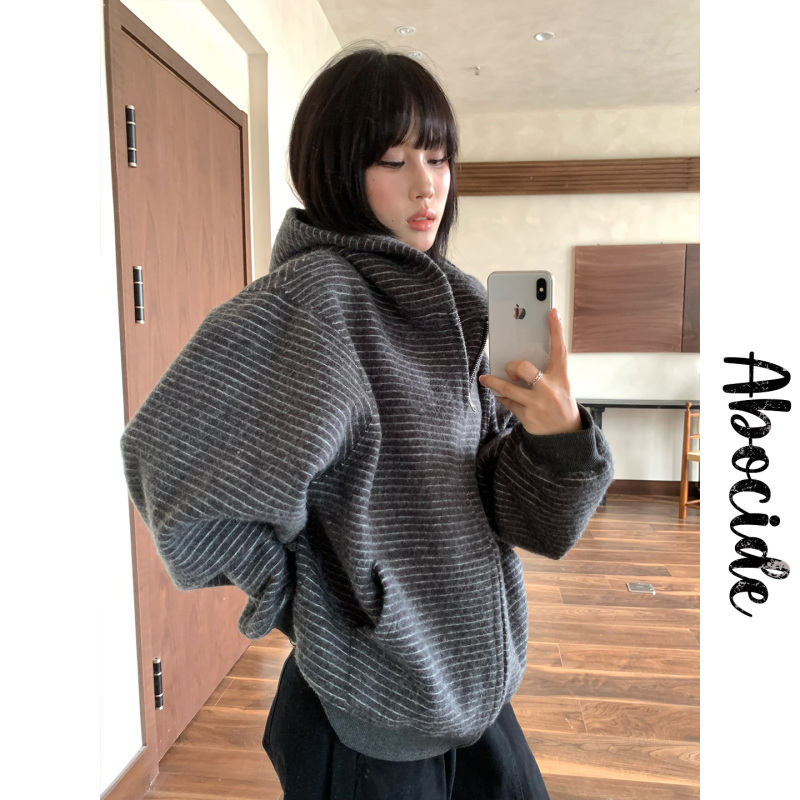 Abozide American Retro Striped Hooded Cardigan Sweatshirt for Women, Autumn and Winter Loose Casual Top, Zip-Up Jacket, Trendy