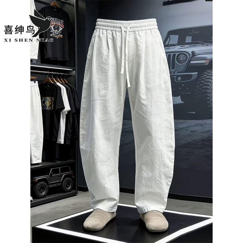 White Old Money Style Drawstring Wide-Leg Casual Pants for Men, Summer Cleanfit Drapey Cotton-Linen Curved Pants