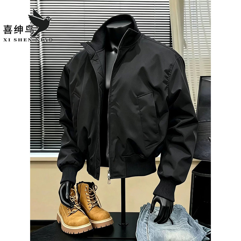 Black Short Flight Jacket for Men, Autumn American Style, Water-Resistant, Windproof, Stain-Resistant, Stand Collar, Oversized Fit, Workwear Baseball Jacket