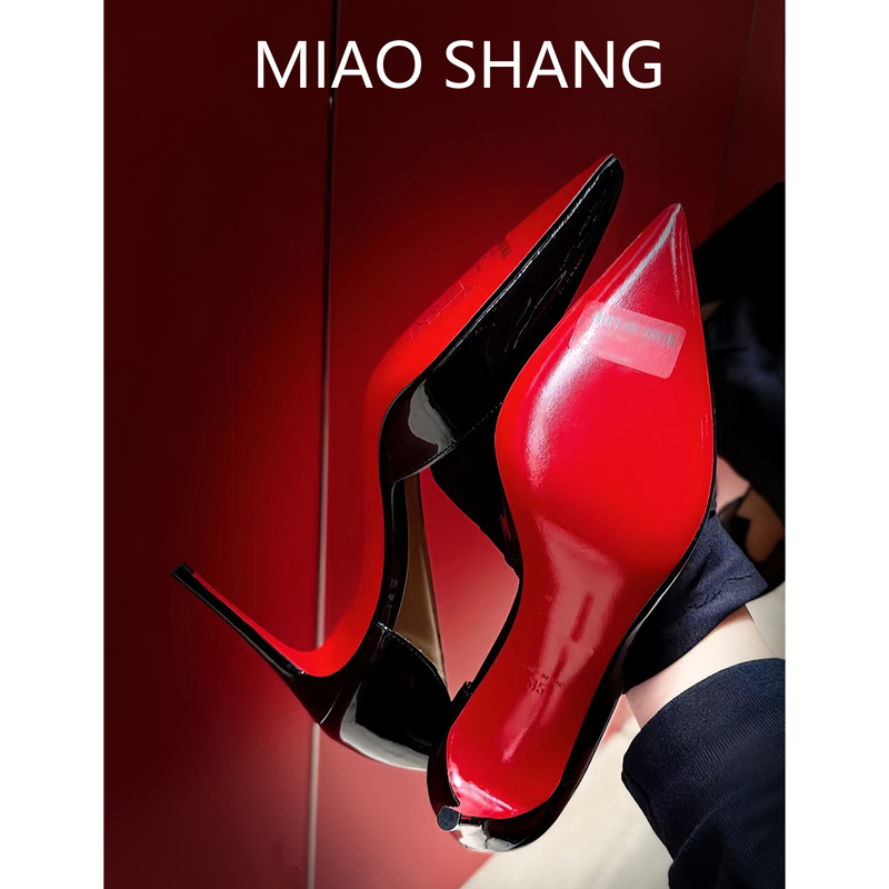 [Top-Quality~~Full Sheepskin Inside and Out] Elegant Side-Cut Red-Soled Black High-Heeled Shoes for Women, Sophisticated Patent Leather Pumps