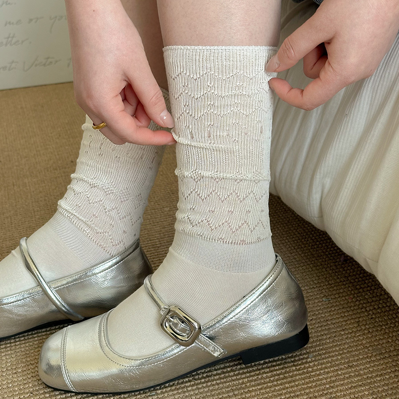 Spring and Summer Hollow-Out Socks for Women, Mid-Calf Socks, Japanese-Style Simple Ballet Style, Breathable Thin White Slouch Socks
