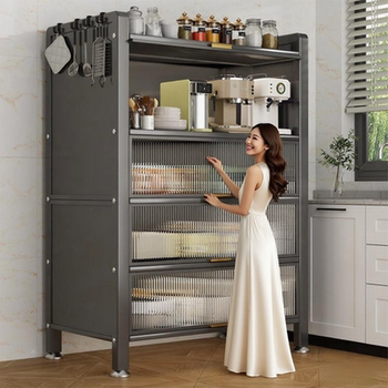 Household kitchen rack floor-standing multi-layer storage cabinet multi-functional dust-proof carbon steel tableware storage cabinet sideboard