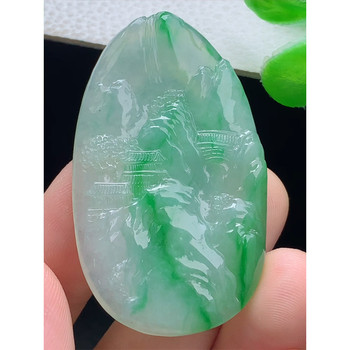 Burmese natural a-grade jade and jade, laokeng ice species, hand-carved, piaoyang green landscape brand pendant