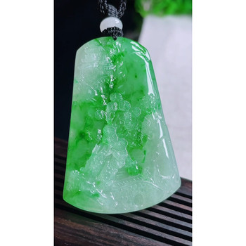 Burmese natural a-grade jade and jade, laokeng ice species, hand-carved, piaoyang green landscape brand pendant