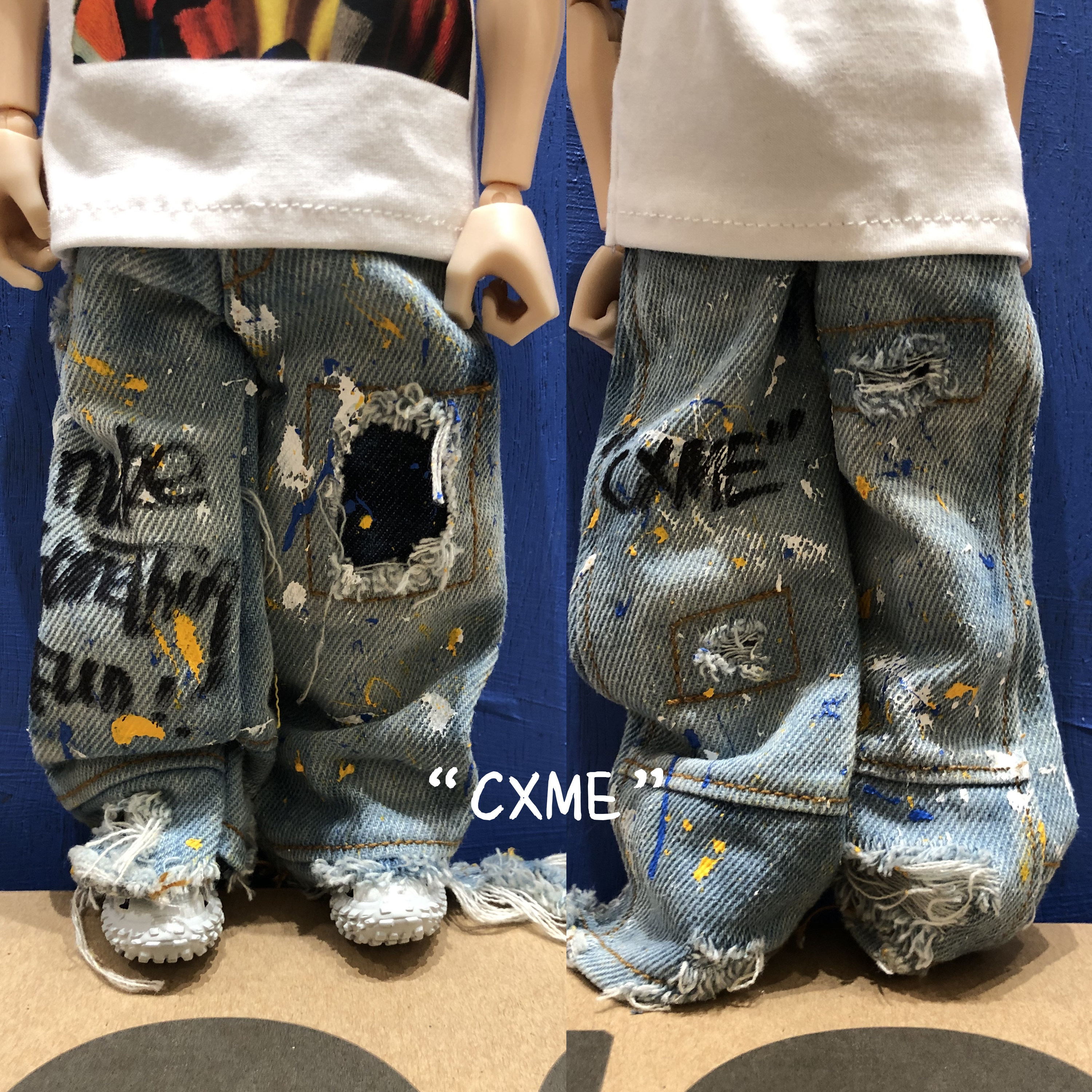Солдатская детская одежда cxme 1/6潮玩人偶兵人水洗破坏墨阔腿喇叭牛仔裤12寸衣服可动手办