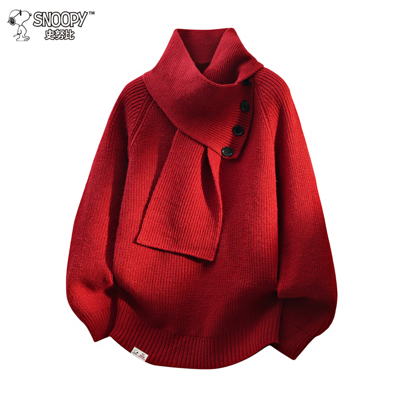 Snoopy Zodiac Year Red Warm Sweater for Men with Detachable Scarf Collar Design Knitwear
