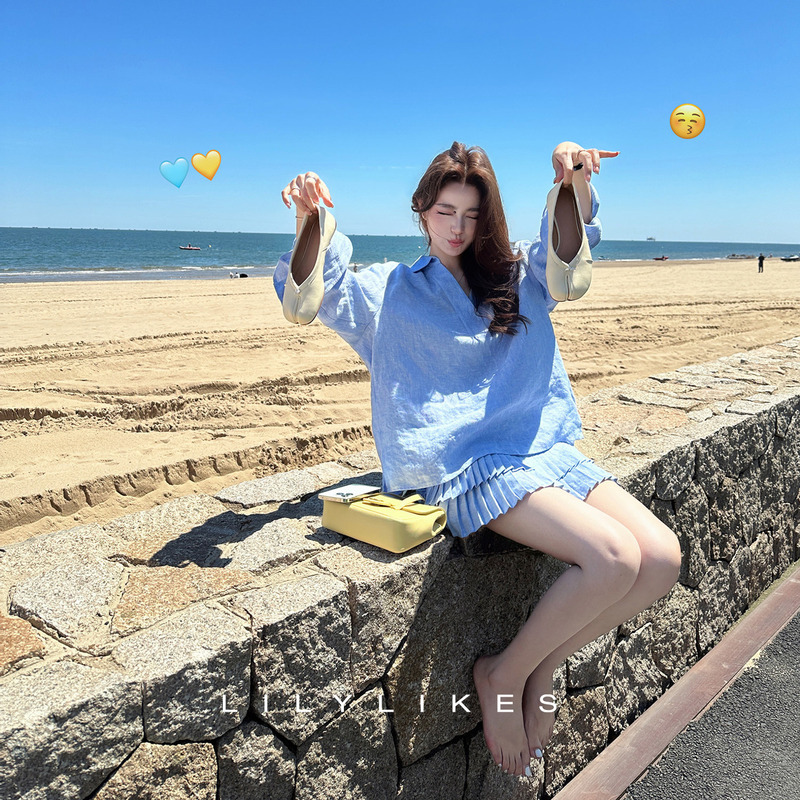 Lilylikes "Sea Salt Midsummer Dream" 100 Linen V-Neck Long-Sleeved Shirt/Pleated Skirt Suit for Women
