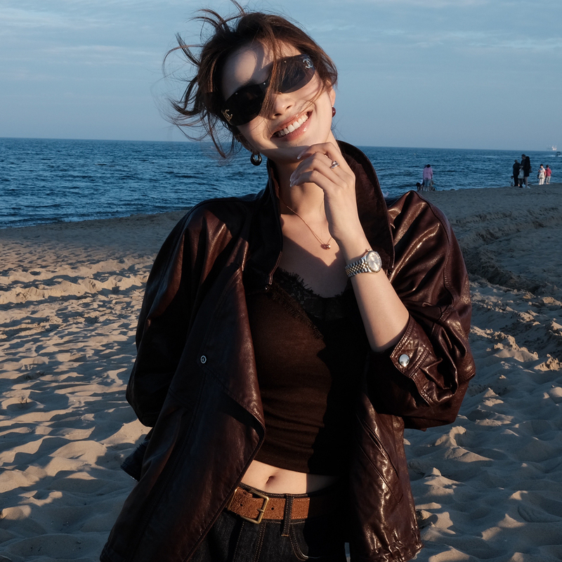 Lilylikes Black Label "Old Money Barcelona Style" Spanish Imported Oil Wax Sheepskin Vintage Stand Collar Leather Jacket