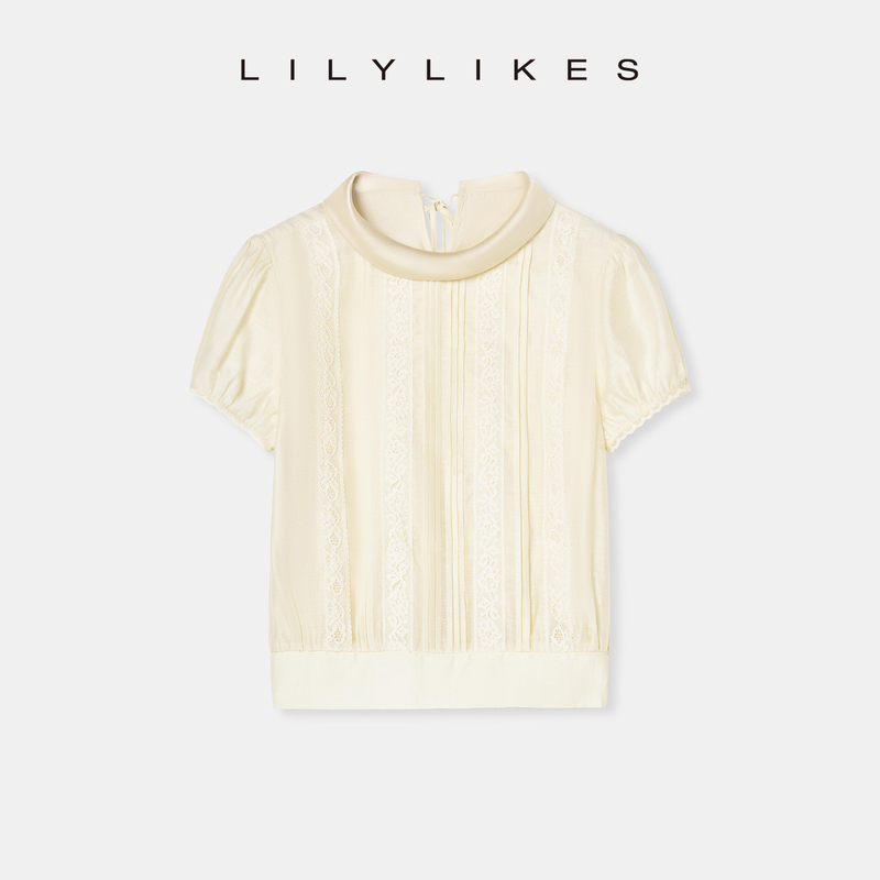 Lilylikes "Southern French Sweet Dreams" Lyocell Acetate Linen Tuck Pleated Lace Trim Short Sleeve Top