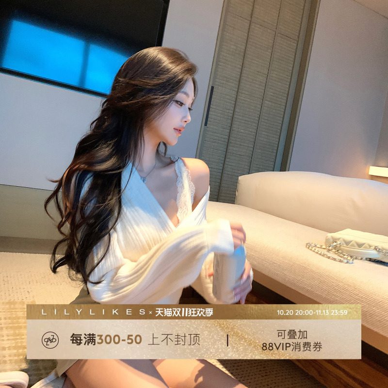 Lilylikes "Gentle Sister” 100% Sheep Wool Feminine Off-The-Shoulder Wrap-Style V-Neck Sweater