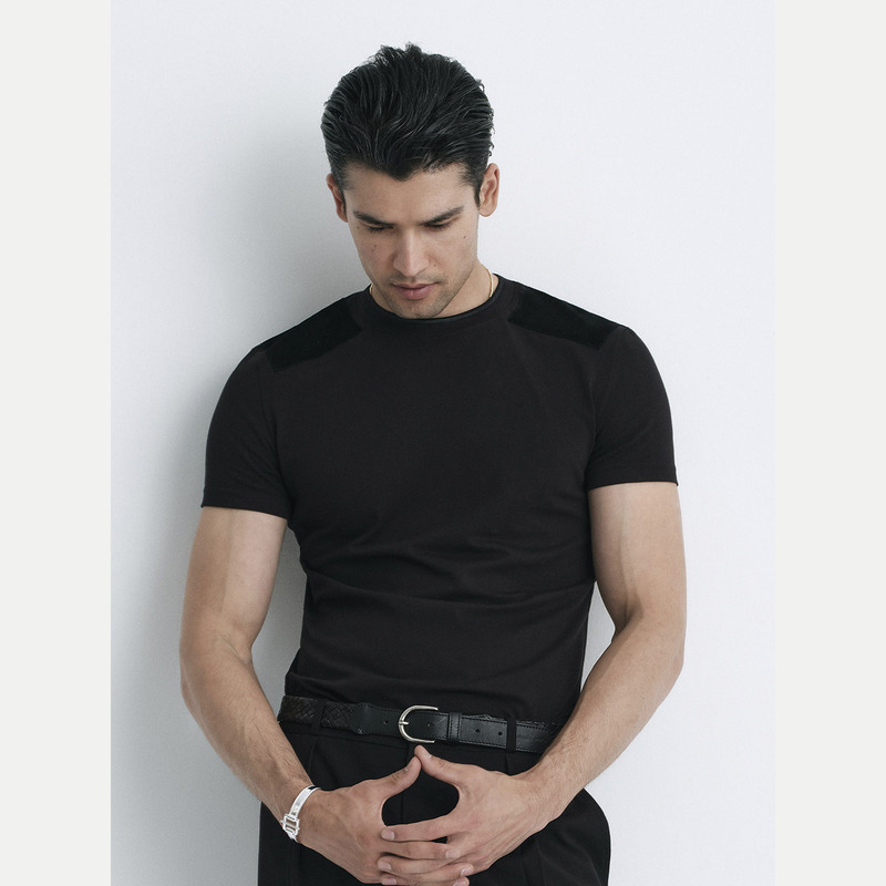 Karing|Shoulder Line Suede Stitching, Stretch Cotton Men's Slim-Fit Short-Sleeve T-Shirt Karing|Shoulder Line Suede Stitching, Stretch Cotton Men's Slim-Fit Short-Sleeve T-Shirt
