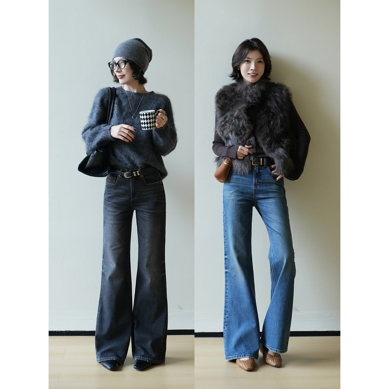 Choumei Home Retro Straight-Leg Flared Jeans for Women, Autumn and Winter, Fleece-Lined, Distressed, High-Waisted, Low-Stretch, Large Size