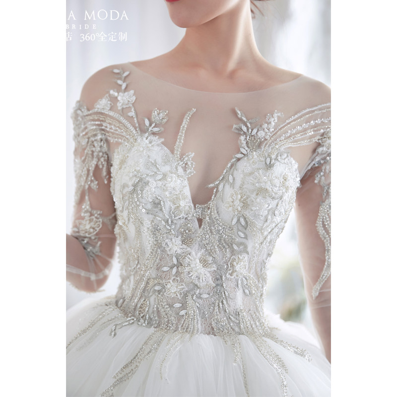 Hera customized 2022 new embroidery court heavy industry long-sleeved backless French luxury main wedding dress with tail bride