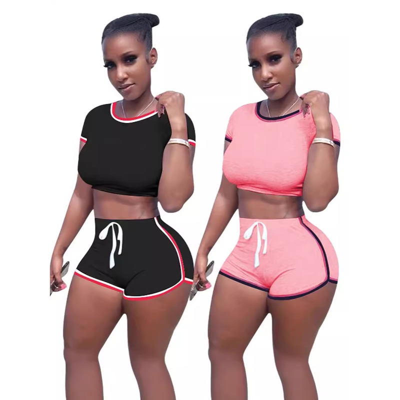 2024 Summer New European and American Amazon Women's Short-Sleeved Tops and Shorts Casual Sports Two-Piece Pants Set