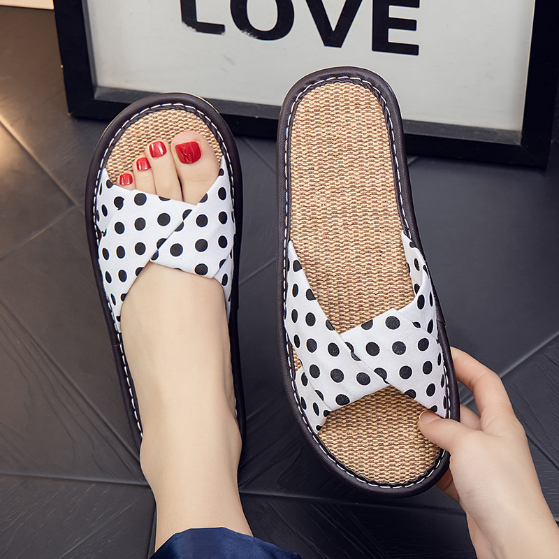 Women's indoor slippers for summer cool home polka dot fabric breathable linen sweat-absorbent cotton and linen slippers for all seasons