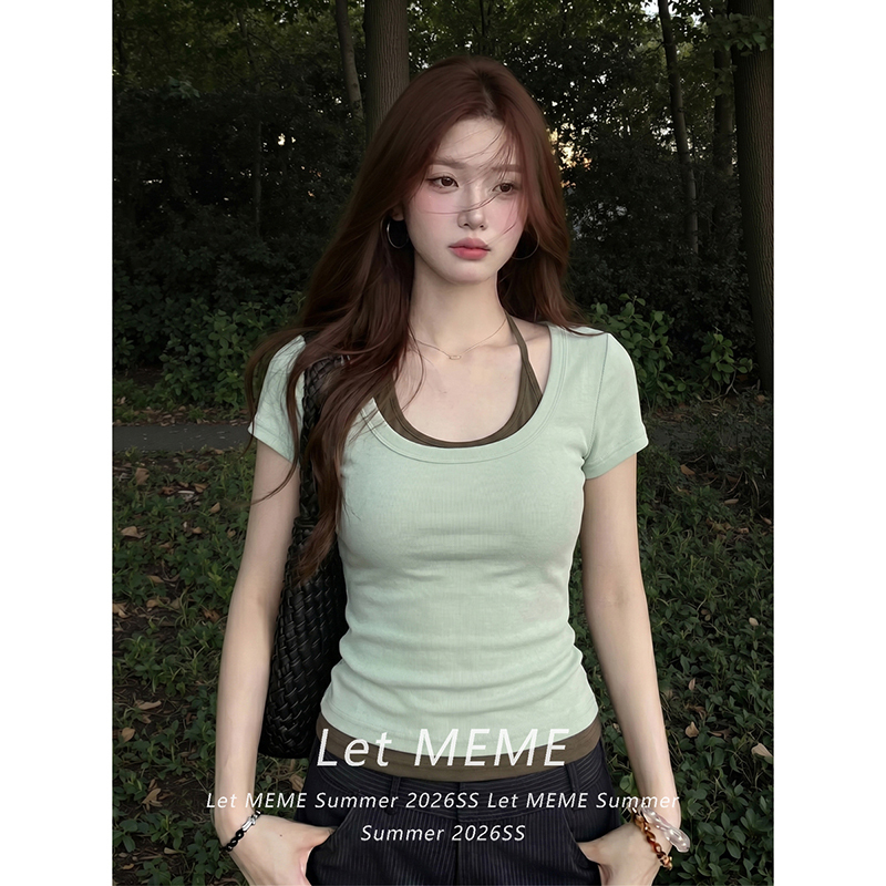 Green Fake Two-Piece Halter Neck U-Neck Short-Sleeve T-Shirt for Women, Summer Design, Slim Fit, Waist-Cinching, Slimming Short Top Green Fake Two-Piece Halter Neck U-Neck Short-Sleeve T-Shirt for Women, Summer Design, Slim Fit, Waist-Cinching, Slimming Short Top