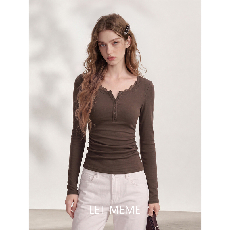 Brown Lace Patchwork Long-Sleeve T-Shirt for Women, Early Autumn Design, Slim Fit, Waist-Cinching, Slimming Short Top Brown Lace Patchwork Long-Sleeve T-Shirt for Women, Early Autumn Design, Slim Fit, Waist-Cinching, Slimming Short Top