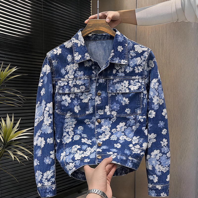 Men's Clothing 2026 Autumn and Winter New Men's Denim Jacket with Unique Jacquard Print Pattern, Versatile and Fashionable Top