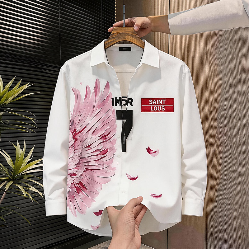 Men's Clothing 2026 Autumn and Winter New Men's Wing Print Long-Sleeved Shirt with a Unique Design, Niche Trendy Lapel Style Shirt
