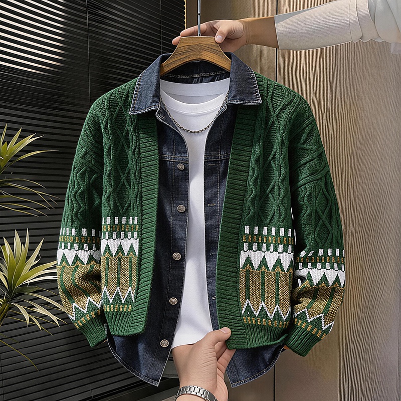 Men's Clothing 2026 Autumn and Winter New Men's Denim Patchwork Sweater Fake Two-Piece Jacket Knitwear Casual Top Men's Clothing 2026 Autumn and Winter New Men's Denim Patchwork Sweater Fake Two-Piece Jacket Knitwear Casual Top