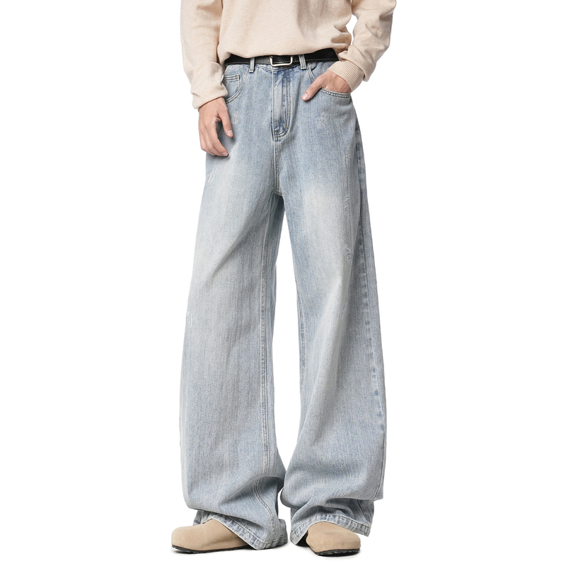 Chuizu Ts Straight-Leg Jeans for Men 2026 Spring New Style Boys' American Casual Slub Pattern Washed Wide-Leg Pants Trendy