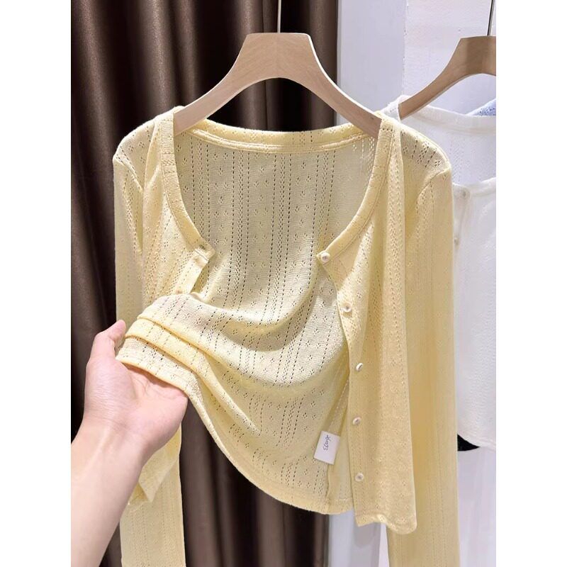 Yellow Hollow-Out Knit Sun-Protective Long-Sleeve Cardigan for Women, Dopamine Style Summer Outfit, Beach Cover-Up, Thin Shawl
