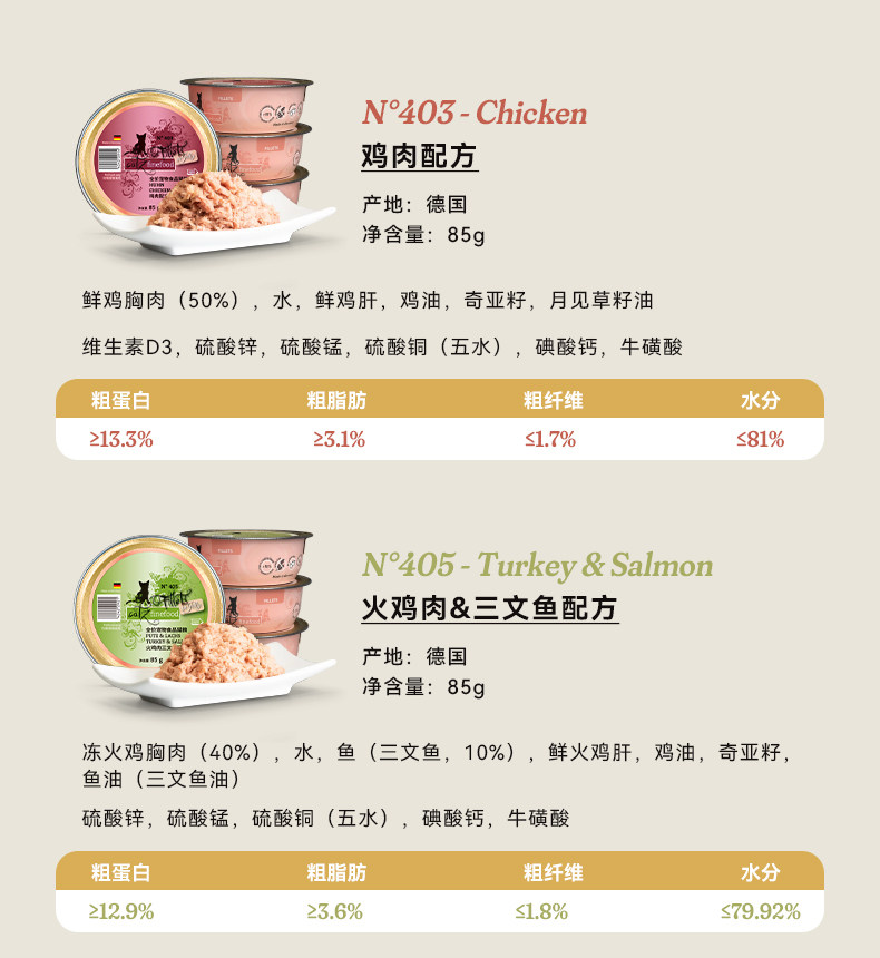 Кошки закуски catz凯姿猫罐头德国进口主食罐成猫幼猫无谷营养湿粮精致餐盒85g finefood