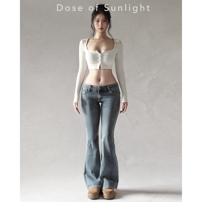 Dose of Sunlight Retro Washed Blue Low-Waisted Slightly Flared American-Style Hot Girl Four-Way Stretch Denim Pants